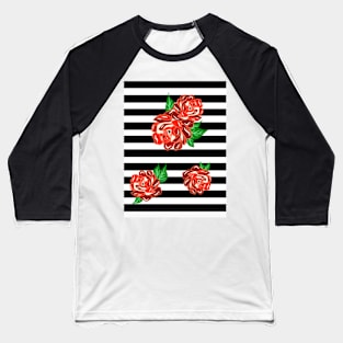 Peony Flower Black And White Stripes Baseball T-Shirt